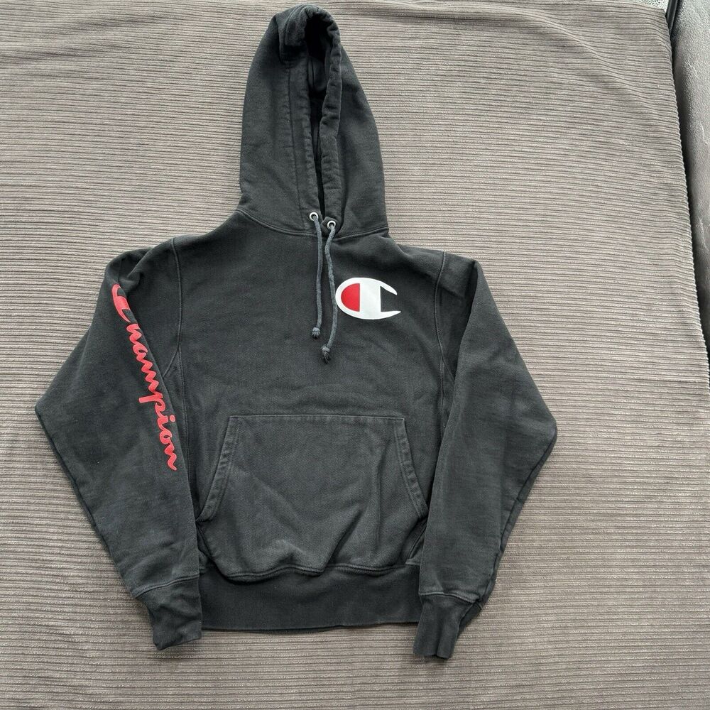 Champion Reverse Weave Hoodie Men Small Black Long Sleeve Pullover Outdoors.